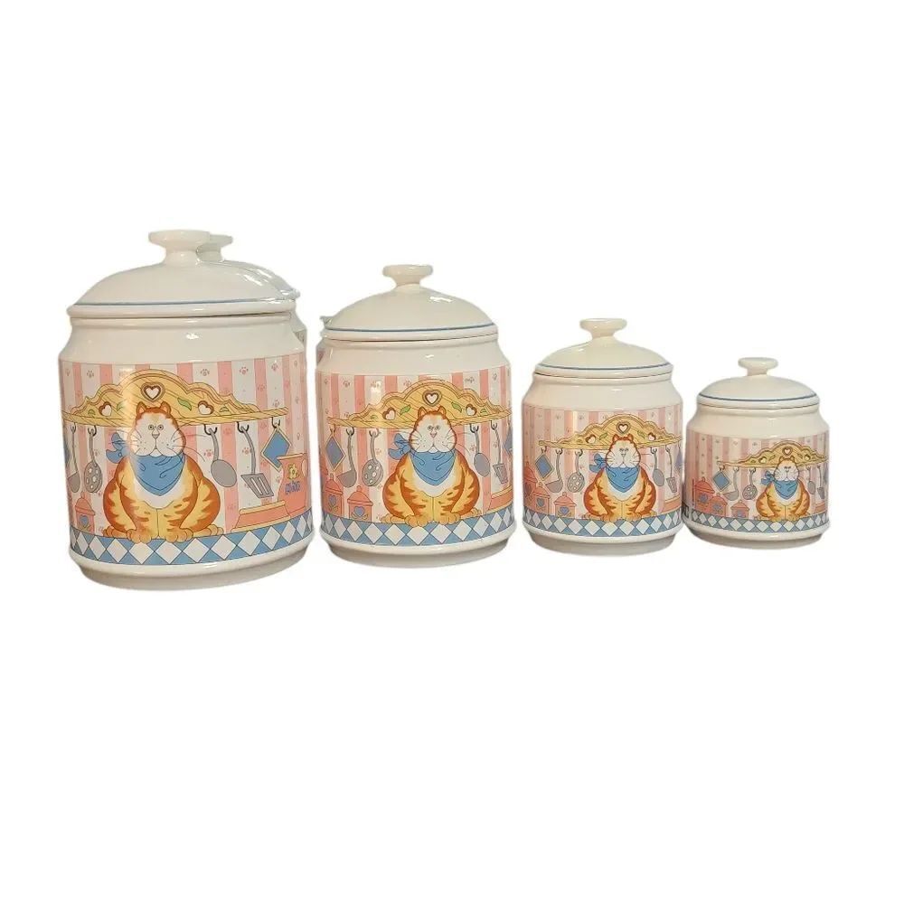Vintage Lisa Berrett Canister Set 8 Piece 4 with Lids Country Tabby Cat